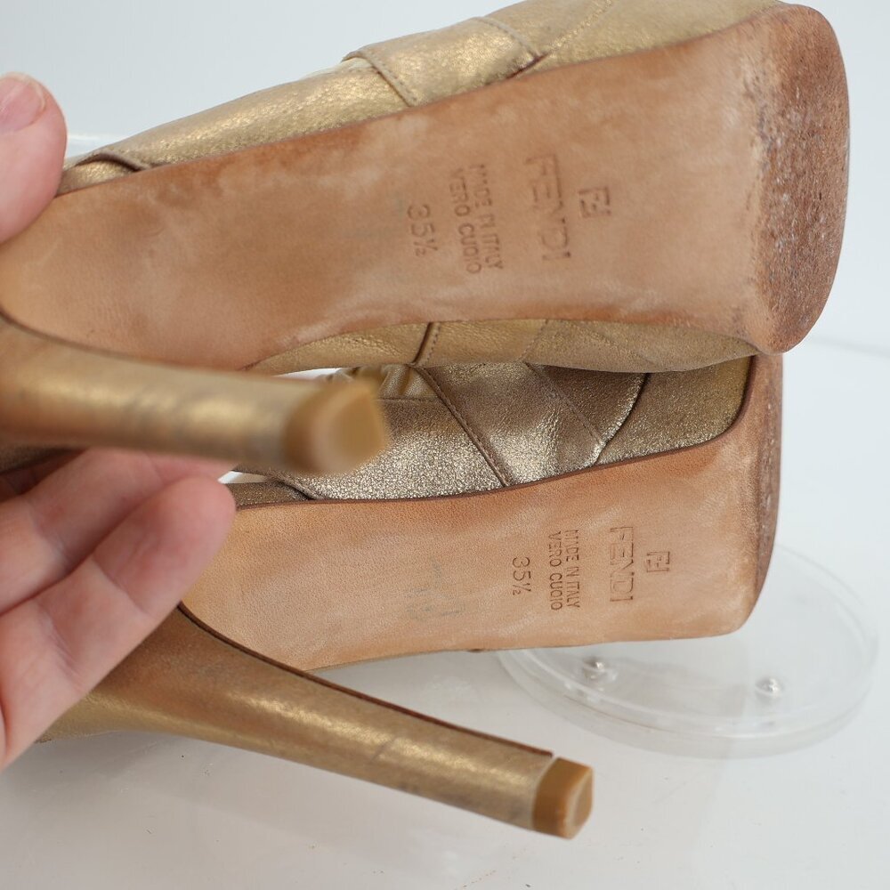Fendi Heels Women's Size 5.5 Gold Metallic Leather Fabric Platform - Picture 11 of 13
